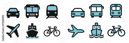 Various modes of transportation illustration showing cars, buses, trains, bicycles, planes, and ships in a simple design