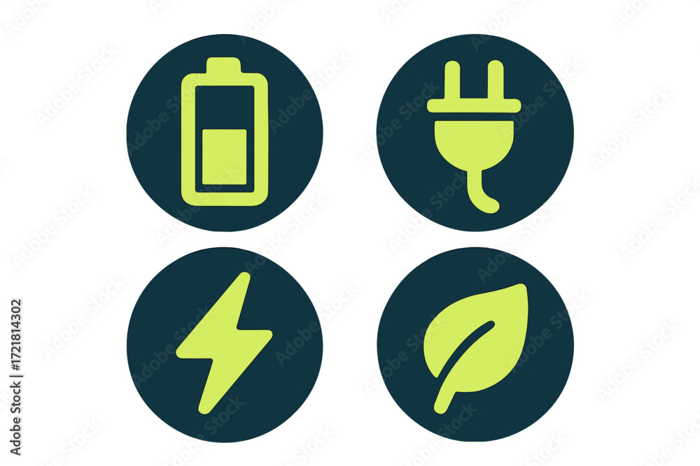 Symbols representing energy, power, and sustainability on a dark background in a modern design style