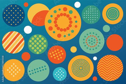 Colorful circles with patterns create an abstract design on a blue background