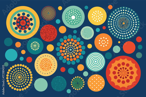 Colorful abstract circles create a vibrant pattern on a dark background