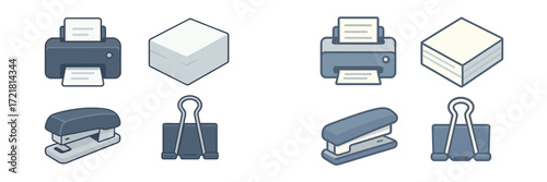 Desk supplies for an organized workspace with printers, paper boxes, staplers, and clips in clean designs