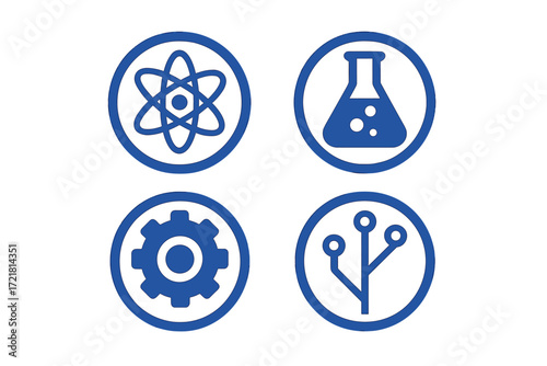 Symbols representing science and technology concepts displayed in blue circle designs suitable for educational purposes
