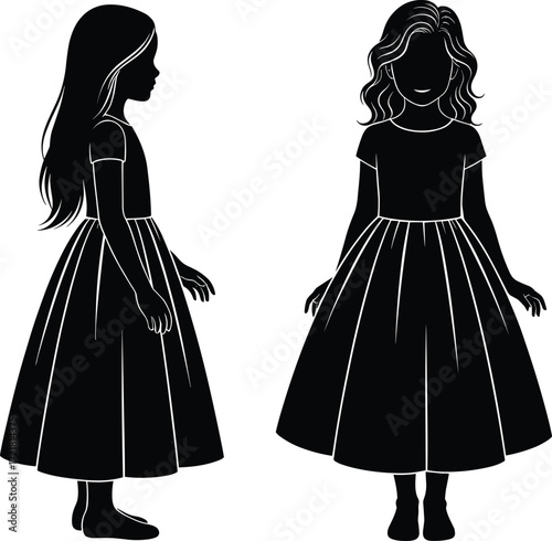 Silhouette of two young girls in long dresses, elegant children fashion illustration, isolated on white background, vector design