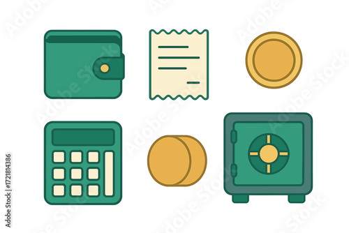 Wallet, coins, calculator, and receipt arranged on a plain background ideal for personal finance planning