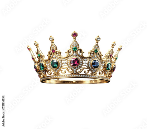 Stunning golden crown with vibrant gemstones, royalty symbol, perfect for fantasy art, jewelry design, and luxurious brand visuals, a regal emblem.
