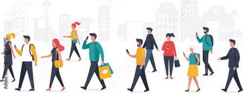 People walking on a city street using smartphones, vector illustration, urban scene, crowd, outdoors