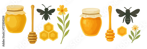 Honey jars and bees with flowers create a vibrant scene of nature's sweetness and pollination