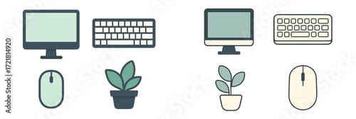 Digital workspace setup with computer accessories and houseplants in a modern design