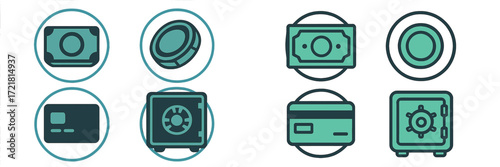 Various security items including cash, coins, and safes in a simple design