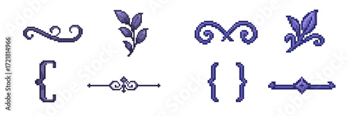 Decorative purple pixel art designs featuring foliage and elegant shapes for creative projects and digital use