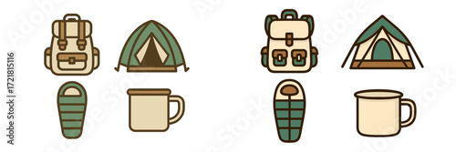 Camping gear collection featuring tents, backpacks, sleeping bags, and mugs in a simple design style