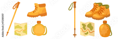 Essential hiking gear including boots, walking poles, maps, and water bottles for outdoor adventures