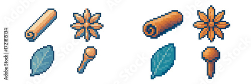 Explore various spices and leaves in colorful pixel art design featuring distinct shapes and patterns
