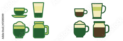 Various types of green beverages displayed in simple, modern illustrations showcasing their unique vessels