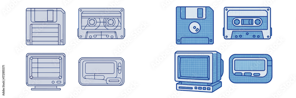 Fototapeta premium Vintage technology collection showcasing floppy disks, cassette tapes, and retro computers in a minimalist design