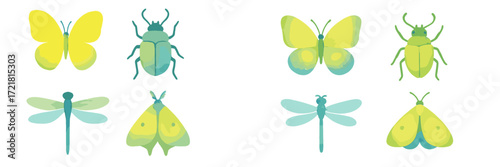 Bright and colorful insects in shades of yellow and green displayed in artistic arrangement