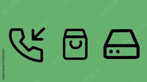Three e-commerce icons phone shopping bag server Minimalist line art style Vector illustration Isolated on green background