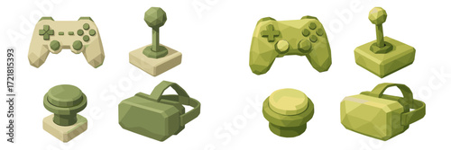 Collection of green, geometric game controllers and VR devices showcasing modern gaming design concepts