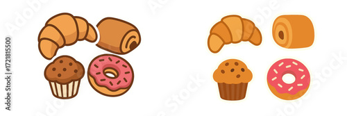 Delicious bakery treats including croissants, rolls, muffins, and donuts in a bright and colorful arrangement