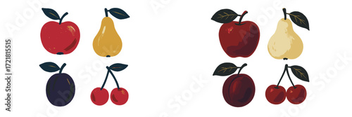 Fruit collection featuring red apples, yellow pears, purple plums, and cherries displayed in a simple pattern on a light background