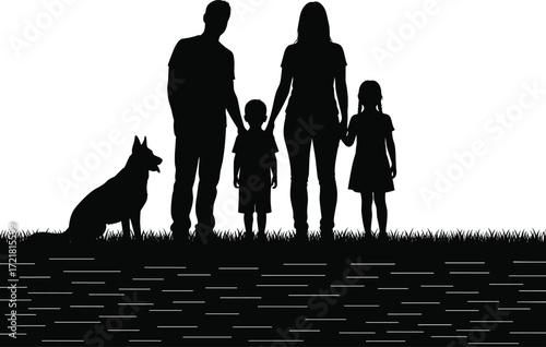 Happy family silhouette with children, parents holding hands, dog sitting nearby, outdoor nature scene, walking together near lake, vector illustration design