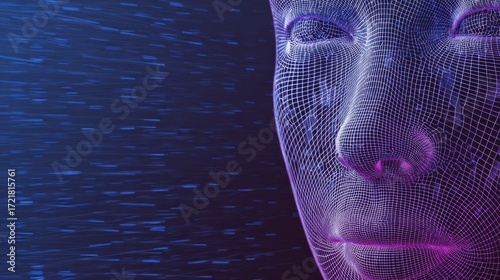 Close up of a3D wireframe human face with blue and purple lighting and data lines grid