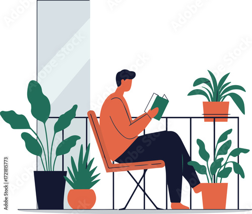 Man Relaxing on Balcony Reading a Book Surrounded by Green Plants