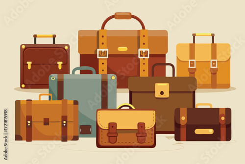 Various styles of vintage and modern bags displayed on a neutral background during a product showcase event