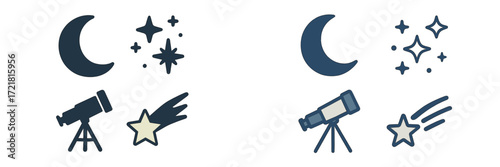 Starry night sky with telescopes and celestial objects to observe and enjoy the wonders of astronomy during evening hours