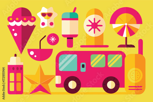 Bright and colorful summer-themed illustration featuring ice cream, drinks, and beach items