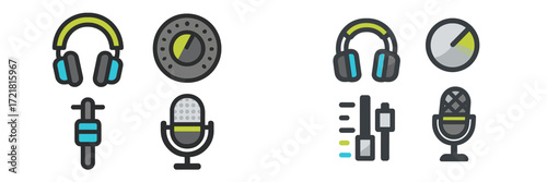 Colorful audio equipment icons showcasing headphones, microphones, and sound controls suitable for music production or podcasts