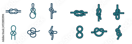 Different types of knots displayed in simple line art for educational purposes and demonstration of knot-tying techniques