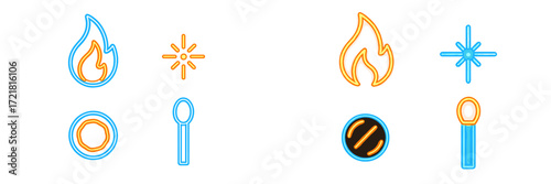 Neon icons representing fire, light, and matches in vibrant colors against a bright background