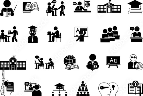 Black Teacher Icon Set. Vector Illustrations: School, Classroom, Books, Teacher, Scientist, Lecturer, Lesson, Online Learning, Study, Mentor, Professor, Homework, University, Chalkboard, and More
