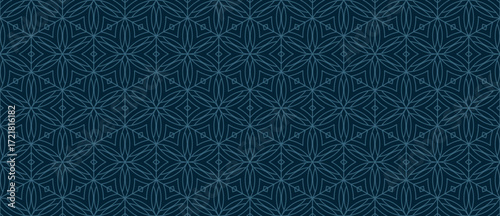 Wallpaper Mural Minimal vector linear geometric seamless pattern with floral silhouettes, leaves, hexagonal grid, thin lines. Subtle dark blue abstract texture. Oriental geometric background. Repeated geo design Torontodigital.ca
