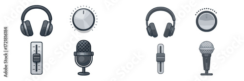 Headphones, microphones, and audio controls illustrated in a modern and minimalist style