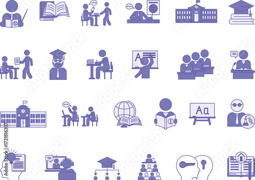 Colored Teacher Icon Set. Vector Illustrations: School, Classroom, Books, Teacher, Scientist, Lecturer, Lesson, Online Learning, Study, Mentor, Professor, Homework, University, Chalkboard, and More