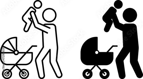 Father Icons. Black and White Vector Illustrations. Dad Holding Baby in Arms. Baby Stroller, Relatives. Family Concept