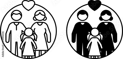 Family Icons. Black and White Vector Illustrations. Mother, Father, and Daughter, Parents and Child. People Who Live Together and Care for Each Other