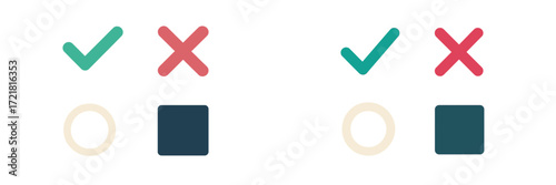 Colorful shapes and symbols illustrating correct and incorrect choices in a simple design setting