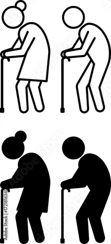 Grandparents Icons. Black and White Vector Illustrations. Elderly Woman and Man with Canes, Relatives. Grandmother and Grandfather. Family Concept