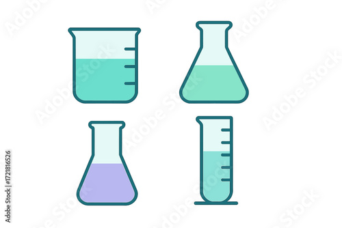 Various laboratory glassware containing colored liquids, showcasing different shapes and sizes for scientific experiments