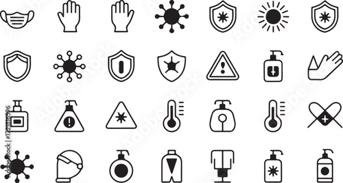 Collection of black and white icons representing health and safety measures including face masks gloves virus shields thermometers and hand sanitizer