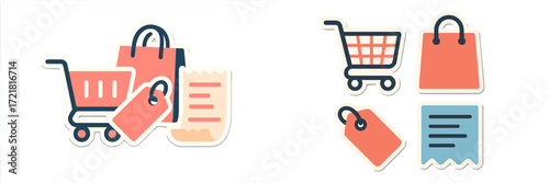 Shopping symbols including bags, carts, and receipts for online and in-store retail activities