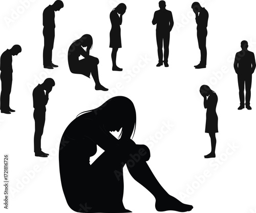 Silhouette of sad people feeling lonely, depressed, stressed, sitting and standing with head down, emotional concept, anxiety, mental health awareness illustration