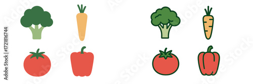 Colorful illustrations of fresh vegetables including broccoli, carrots, tomatoes, and bell peppers arranged in two groups