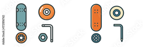 Skateboard parts displayed in a neat arrangement for easy identification and assembly guidance