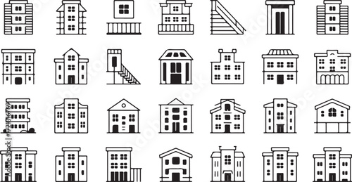 Collection of black and white line art icons representing various buildings and architectural elements
