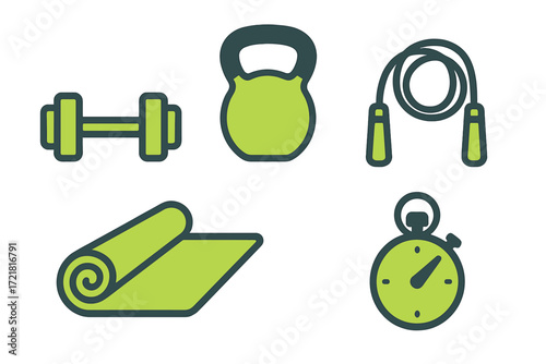 Fitness equipment including dumbbell, kettlebell, jump rope, mat, and stopwatch for workout routine planning