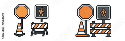 Construction signs for pedestrian crossing and traffic control in a busy urban area during the day